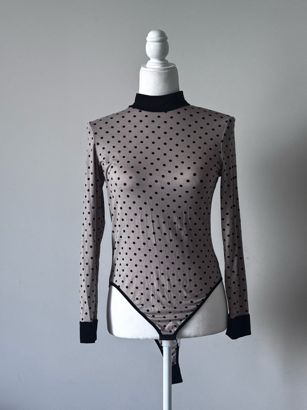Polka Dot Mock Neck Long Sleeve Thong Bodysuit Size M